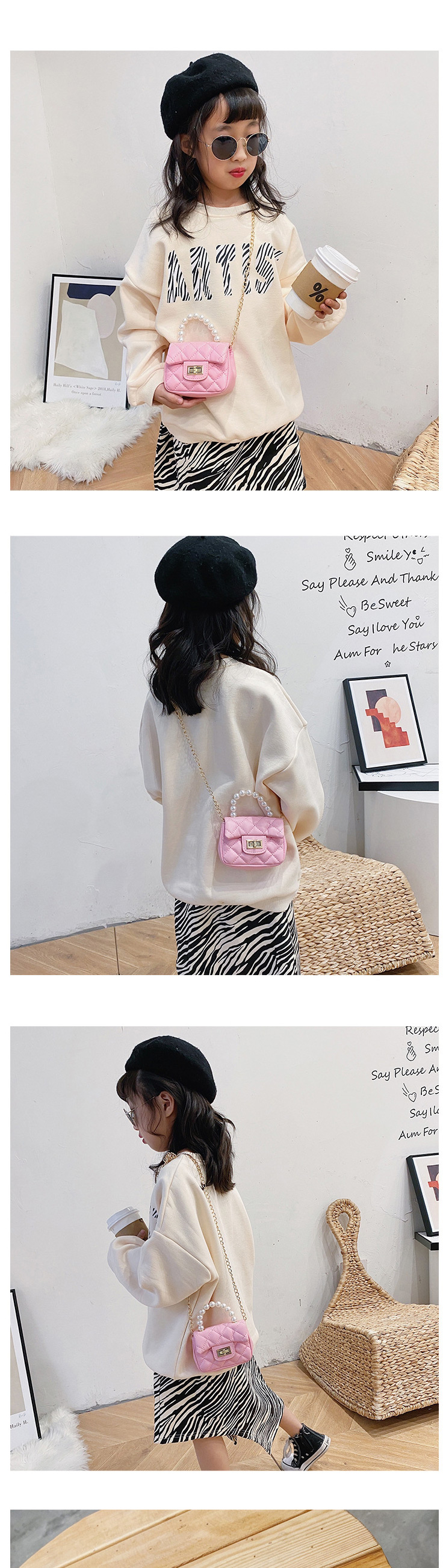 Fashion Pink Chain Pearl Childrens One-shoulder Messenger Bag,Shoulder bags