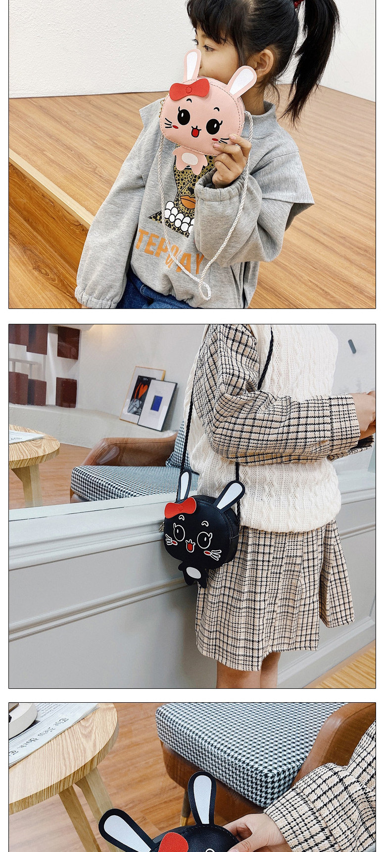 Fashion Black Bunny Print Kids Crossbody Shoulder Bag,Messenger bags
