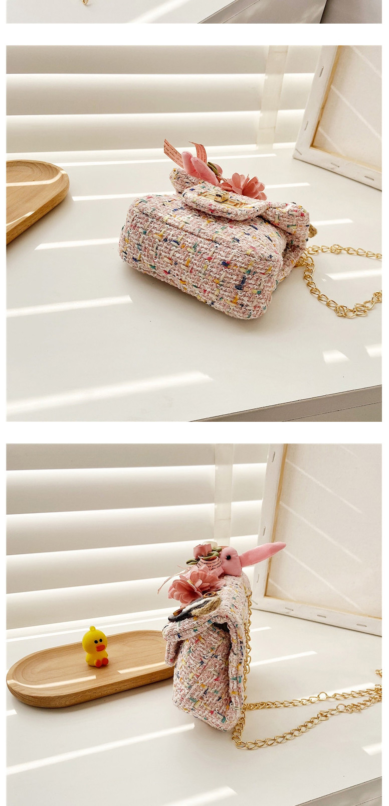 Fashion Two White Childrens Shoulder Messenger Bag With Chain Lock Flap Flower,Shoulder bags