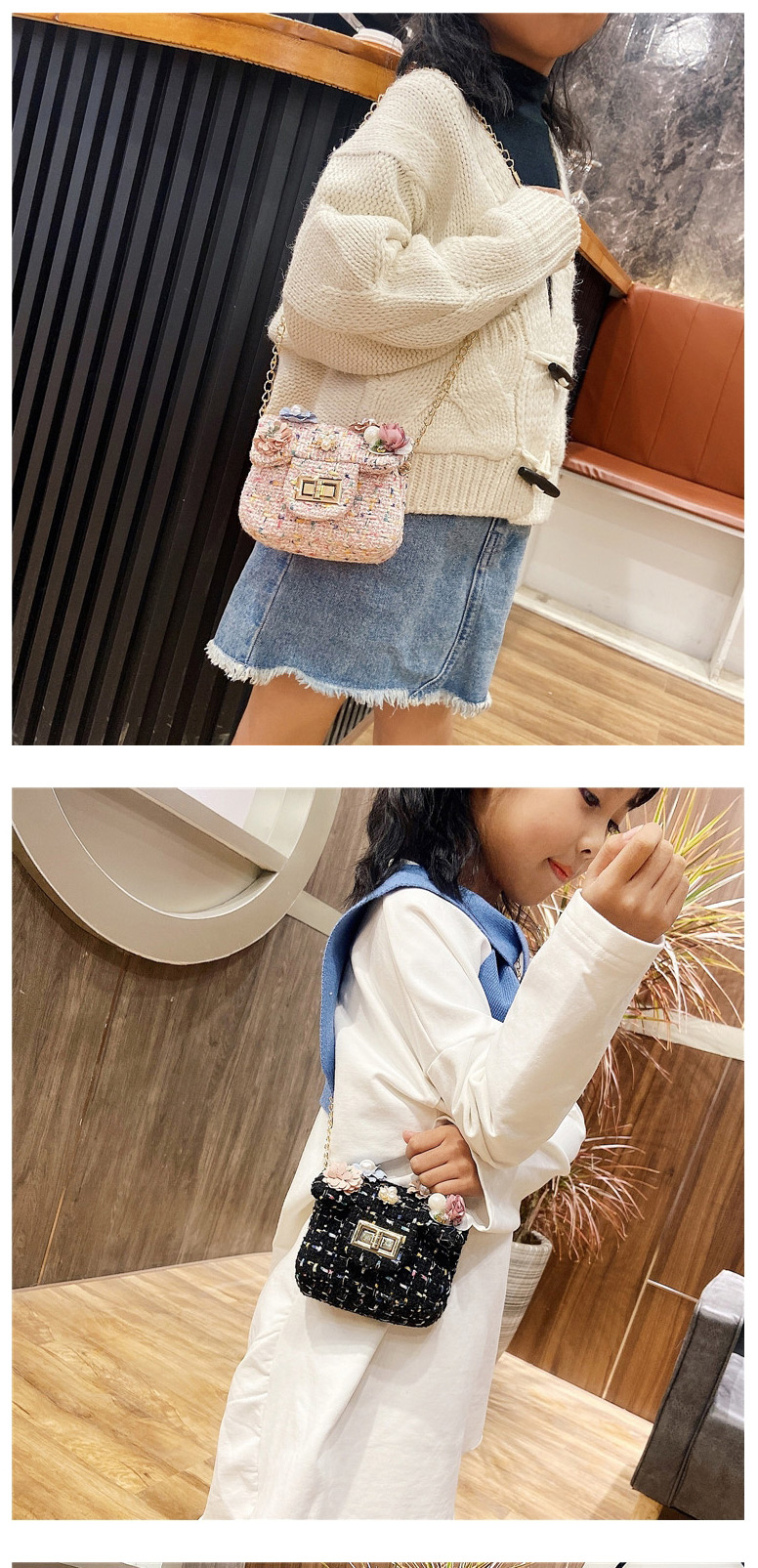 Fashion Two Pink Childrens Shoulder Messenger Bag With Chain Lock Flap Flower,Shoulder bags