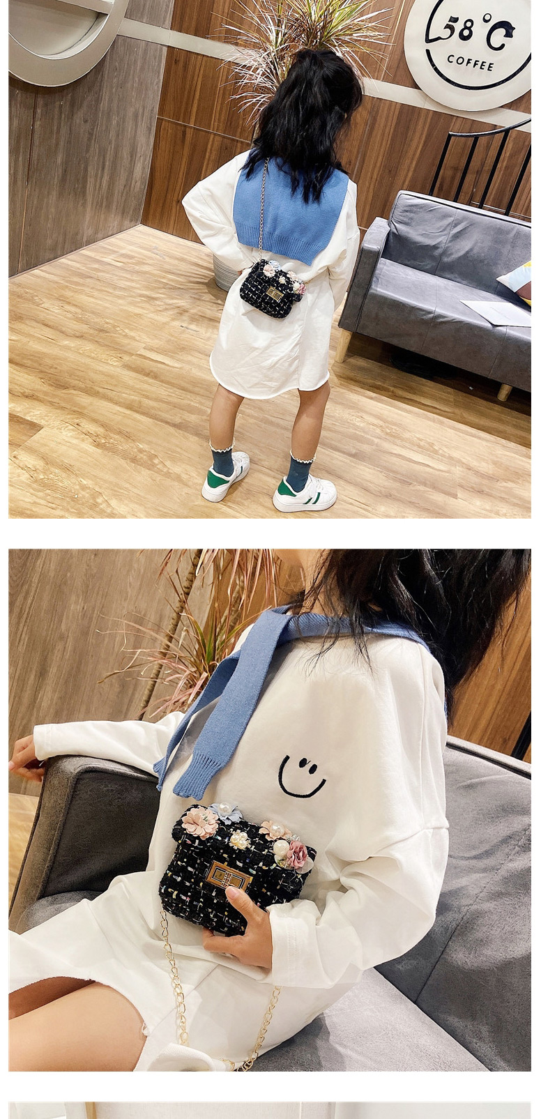 Fashion Two White Childrens Shoulder Messenger Bag With Chain Lock Flap Flower,Shoulder bags