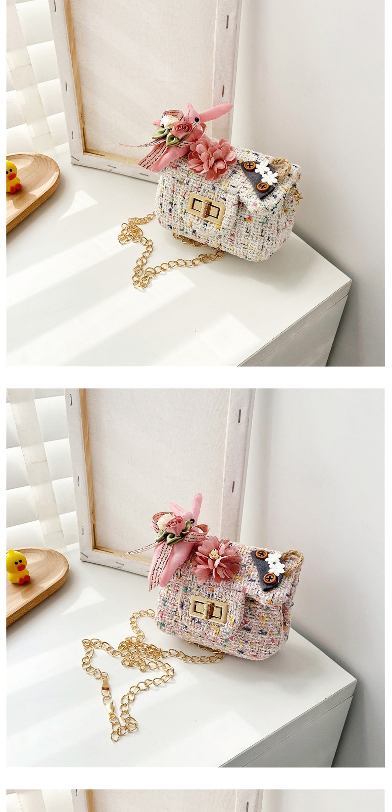 Fashion One Pink Childrens Shoulder Messenger Bag With Chain Lock Flap Flower,Shoulder bags