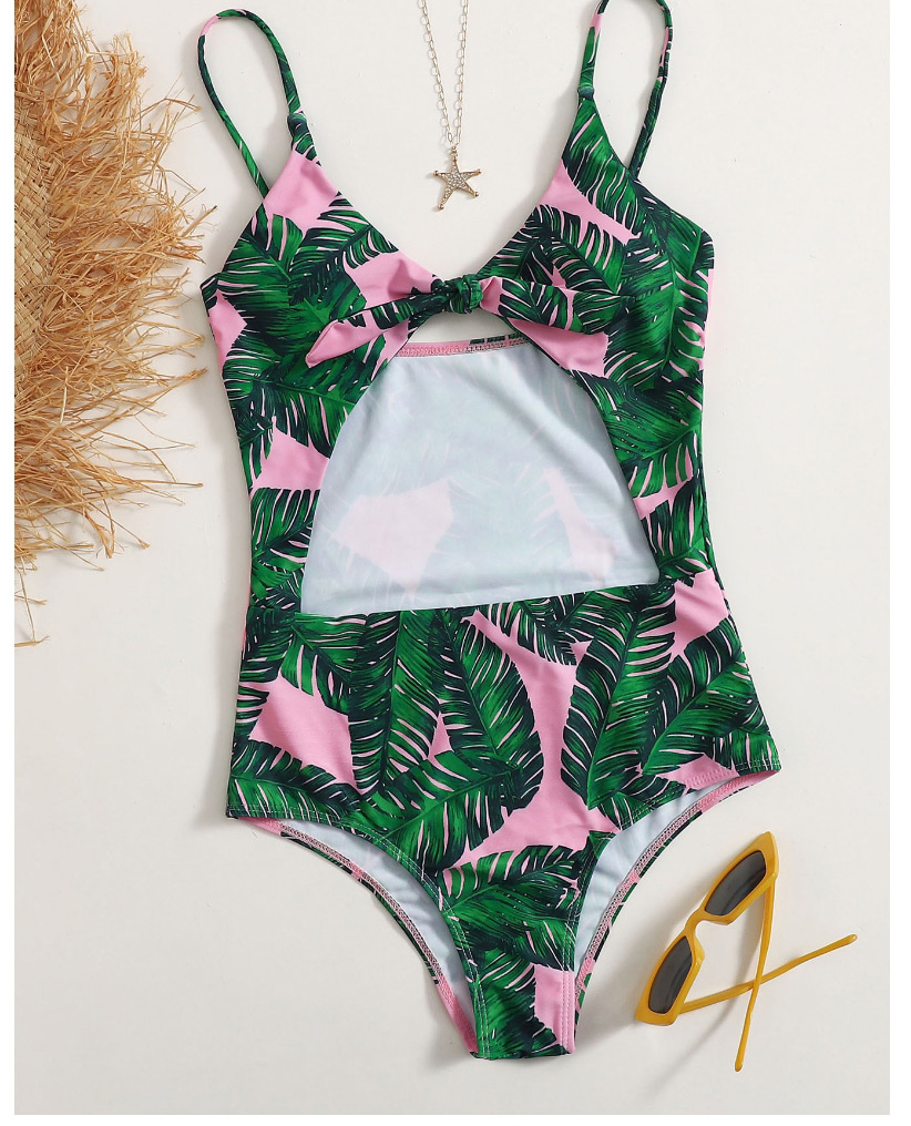 Fashion Pink Printed Knotted Cutout Swimsuit,One Pieces