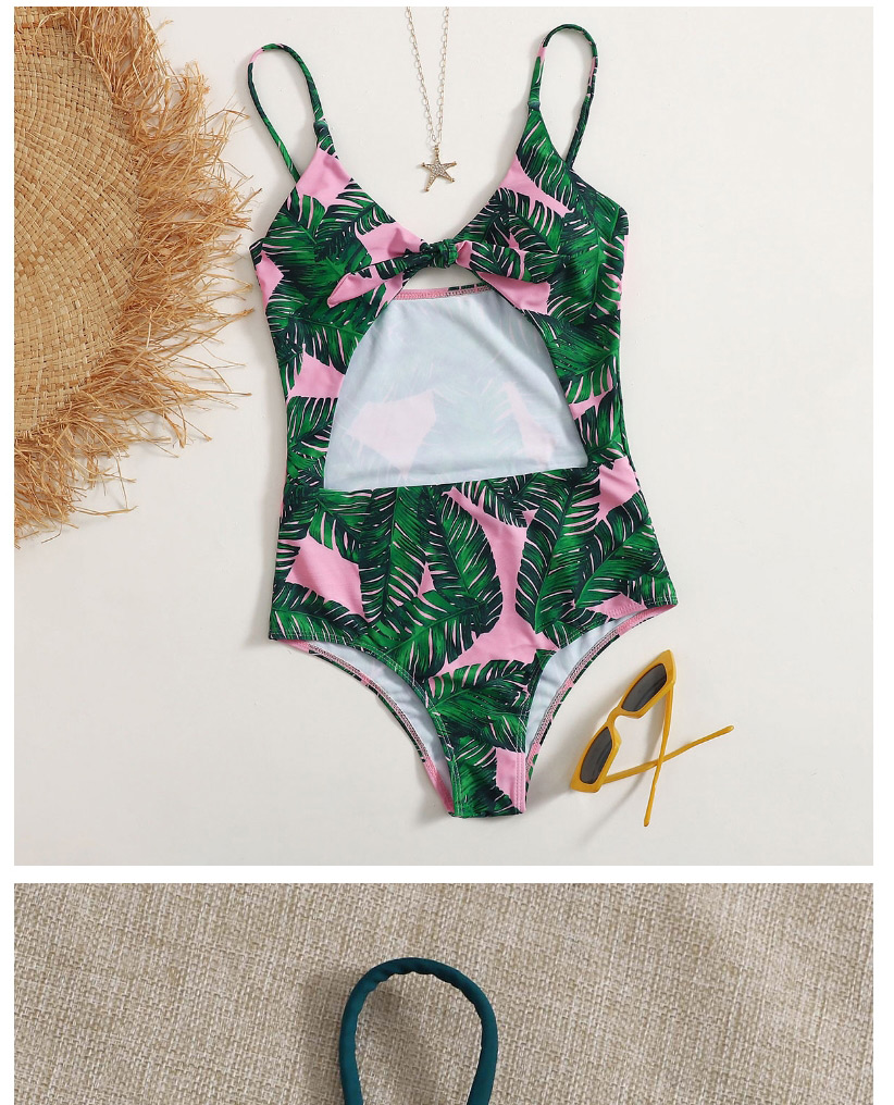 Fashion Pink Printed Knotted Cutout Swimsuit,One Pieces