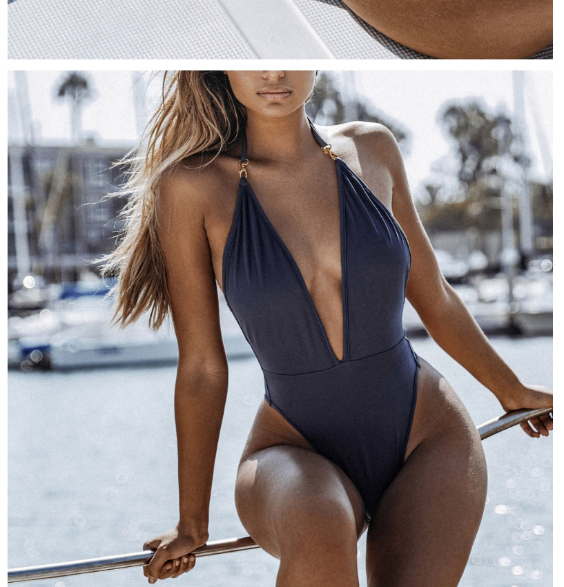 Fashion Red Wine Pure Color Halterneck Deep V One-piece Swimsuit,One Pieces