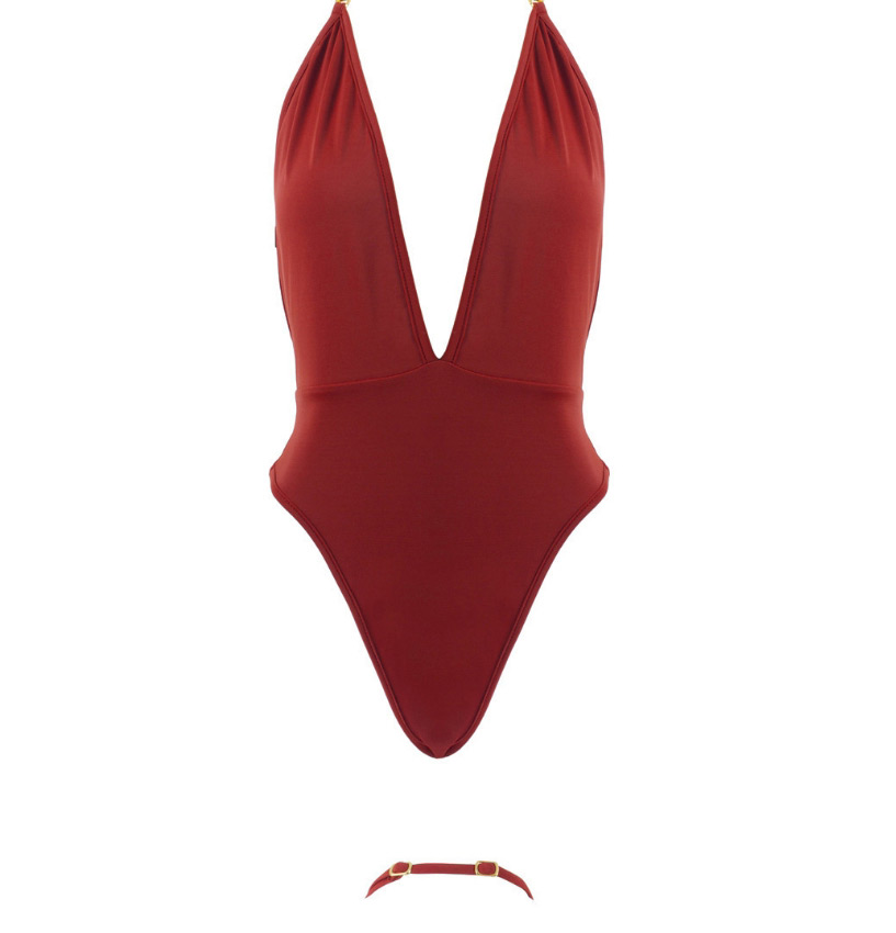Fashion Red Wine Pure Color Halterneck Deep V One-piece Swimsuit,One Pieces