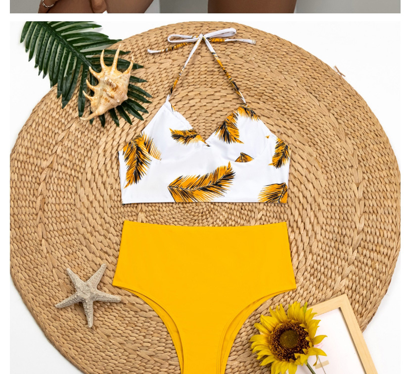 Fashion Yellow Printed Halterneck Contrast High Waist Split Swimsuit,Bikini Sets