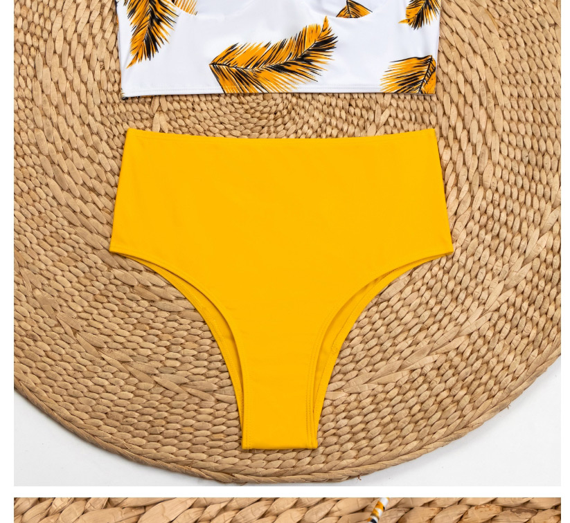 Fashion Yellow Printed Halterneck Contrast High Waist Split Swimsuit,Bikini Sets