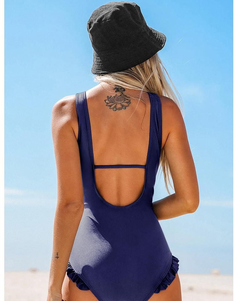 Fashion Navy Blue Solid Color Small Flashing V-neck One-piece Swimsuit,One Pieces
