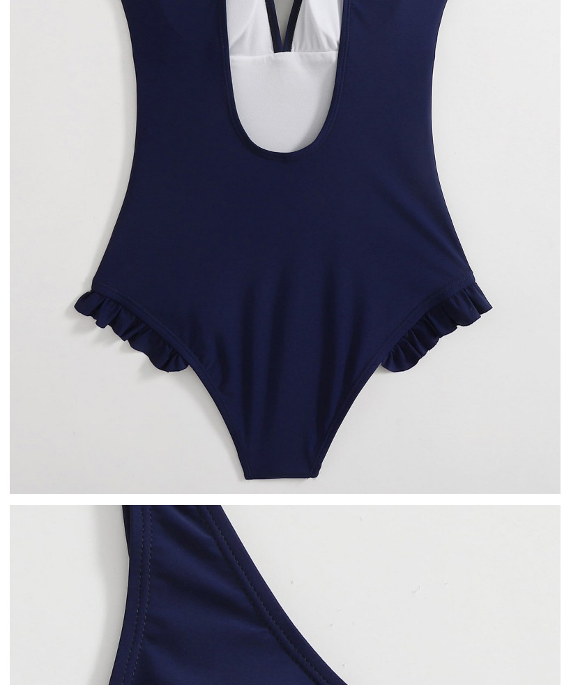Fashion Navy Blue Solid Color Small Flashing V-neck One-piece Swimsuit,One Pieces