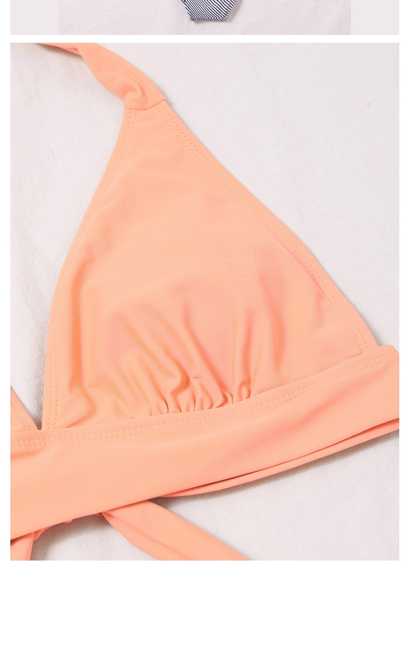 Fashion Pink High Waist Halterneck Pleated Contrast Color Split Swimsuit,Bikini Sets