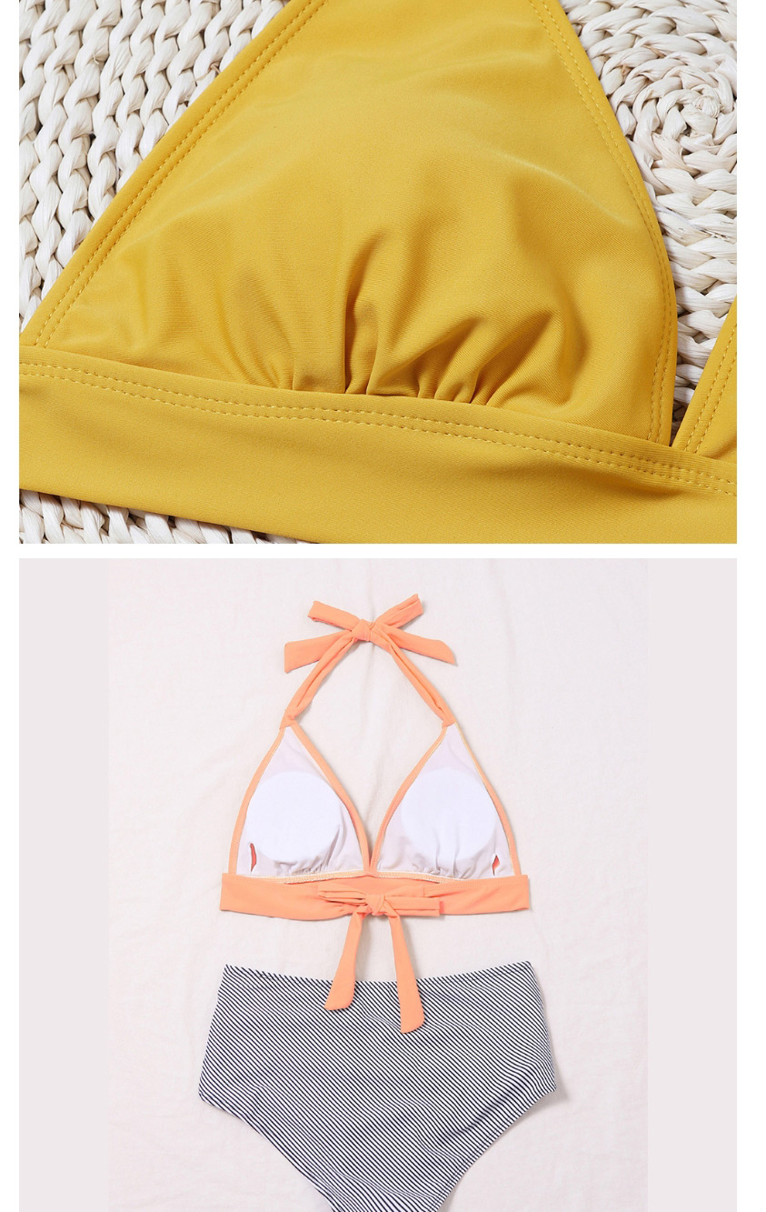 Fashion Yellow High Waist Halterneck Pleated Contrast Color Split Swimsuit,Bikini Sets