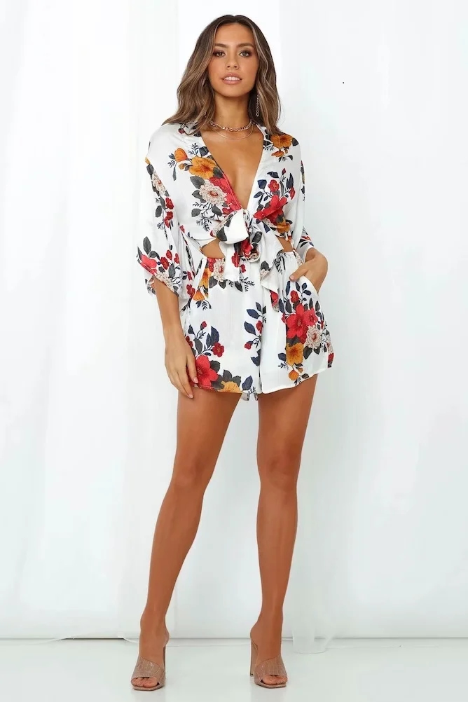 Fashion White Floral Printed Knotted Cutout Jumpsuit,Tank Tops & Camis