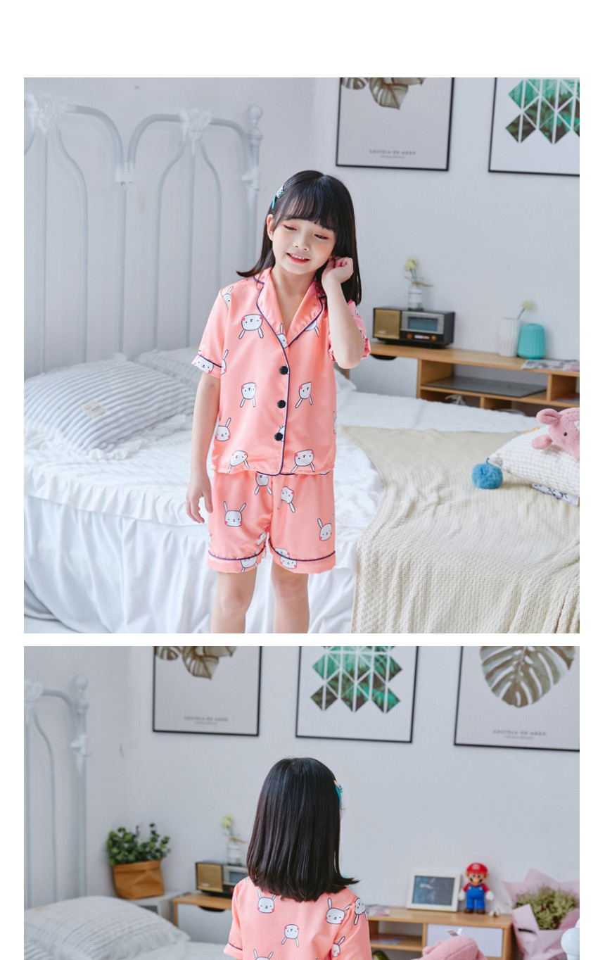 Fashion Blue Bunny Printed Single-breasted Childrens Pajamas Short-sleeved Shorts Set,Kids Clothing