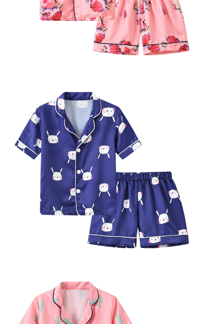 Fashion Blue Cactus Printed Single-breasted Childrens Pajamas Short-sleeved Shorts Set,Kids Clothing
