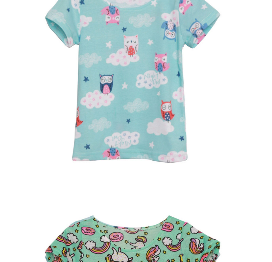 Fashion Blue Owl Childrens Short Sleeve T-shirt With Park Collar Print,Kids Clothing