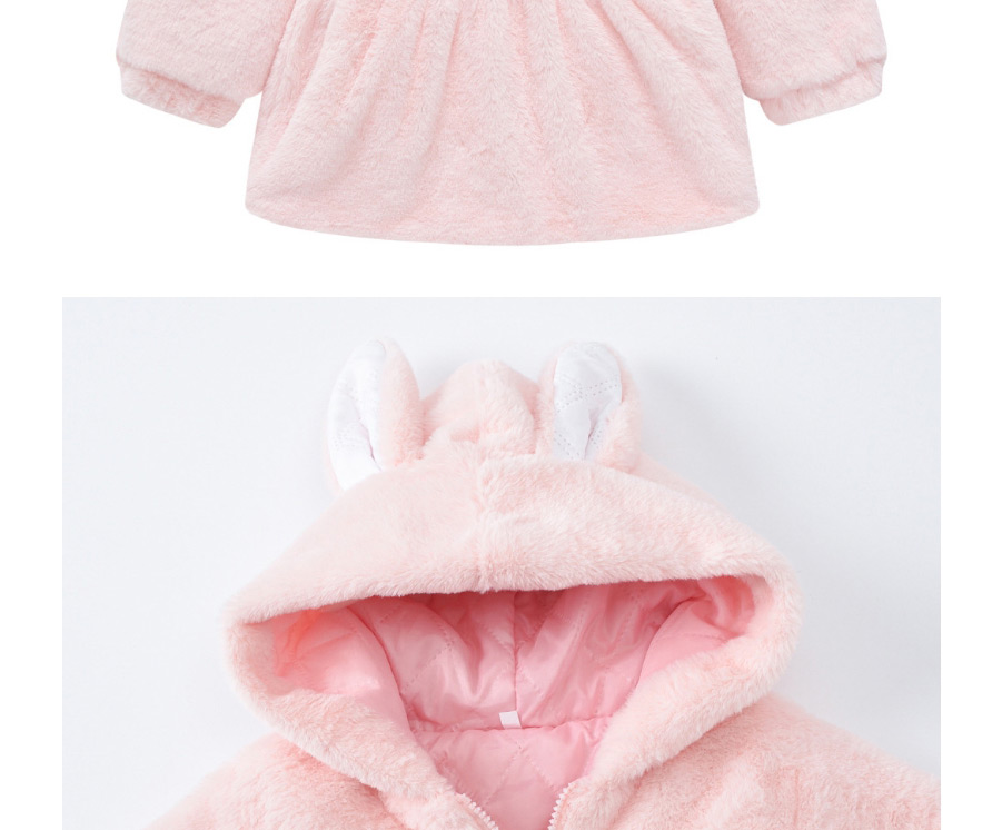 Fashion Pink Bunny Ears Furry Solid Color Hooded Childrens Jacket,Kids Clothing