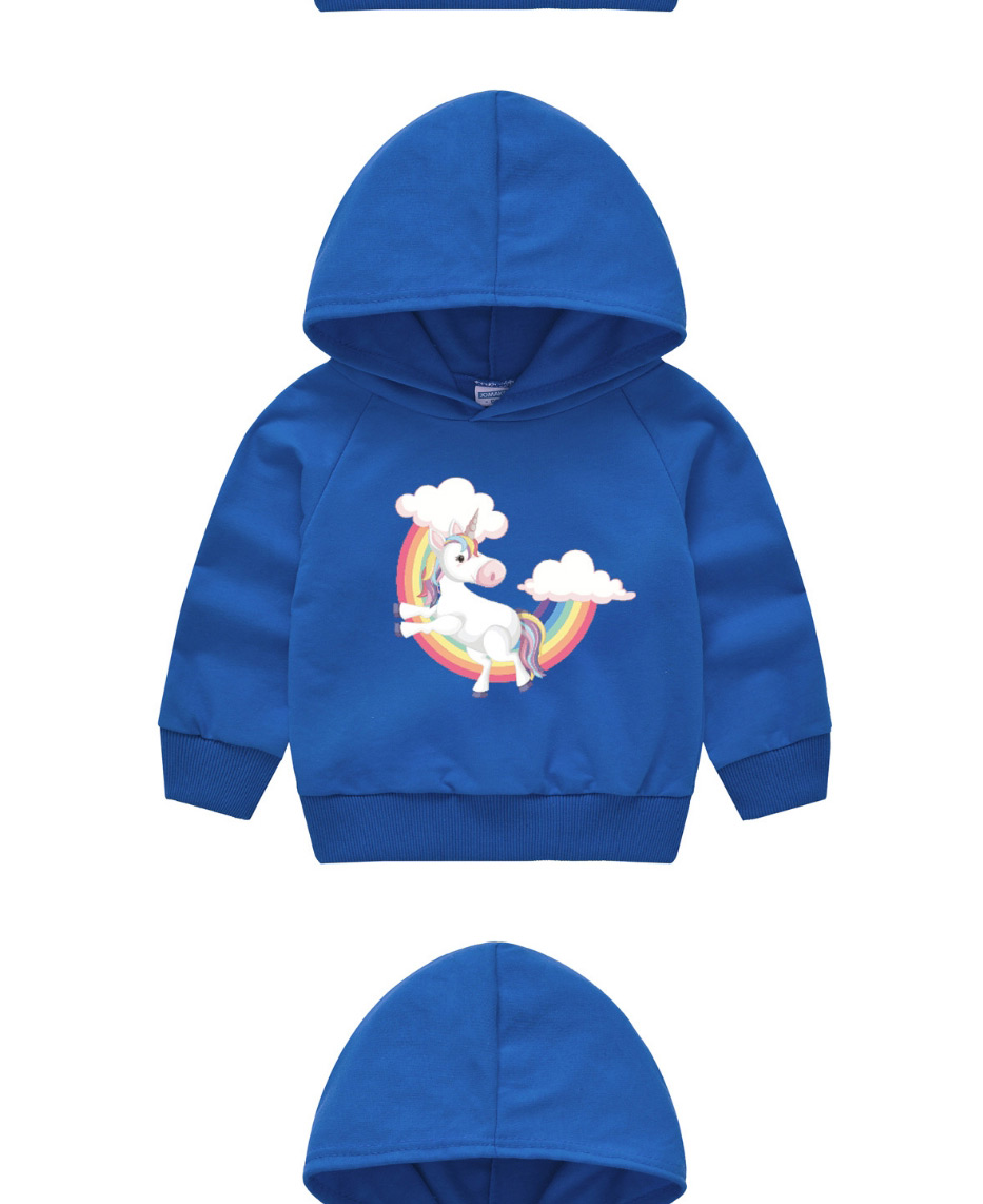 Fashion Royal Blue Hood 9 Round Neck Printed Loose Long-sleeved Childrens Sweater,Kids Clothing