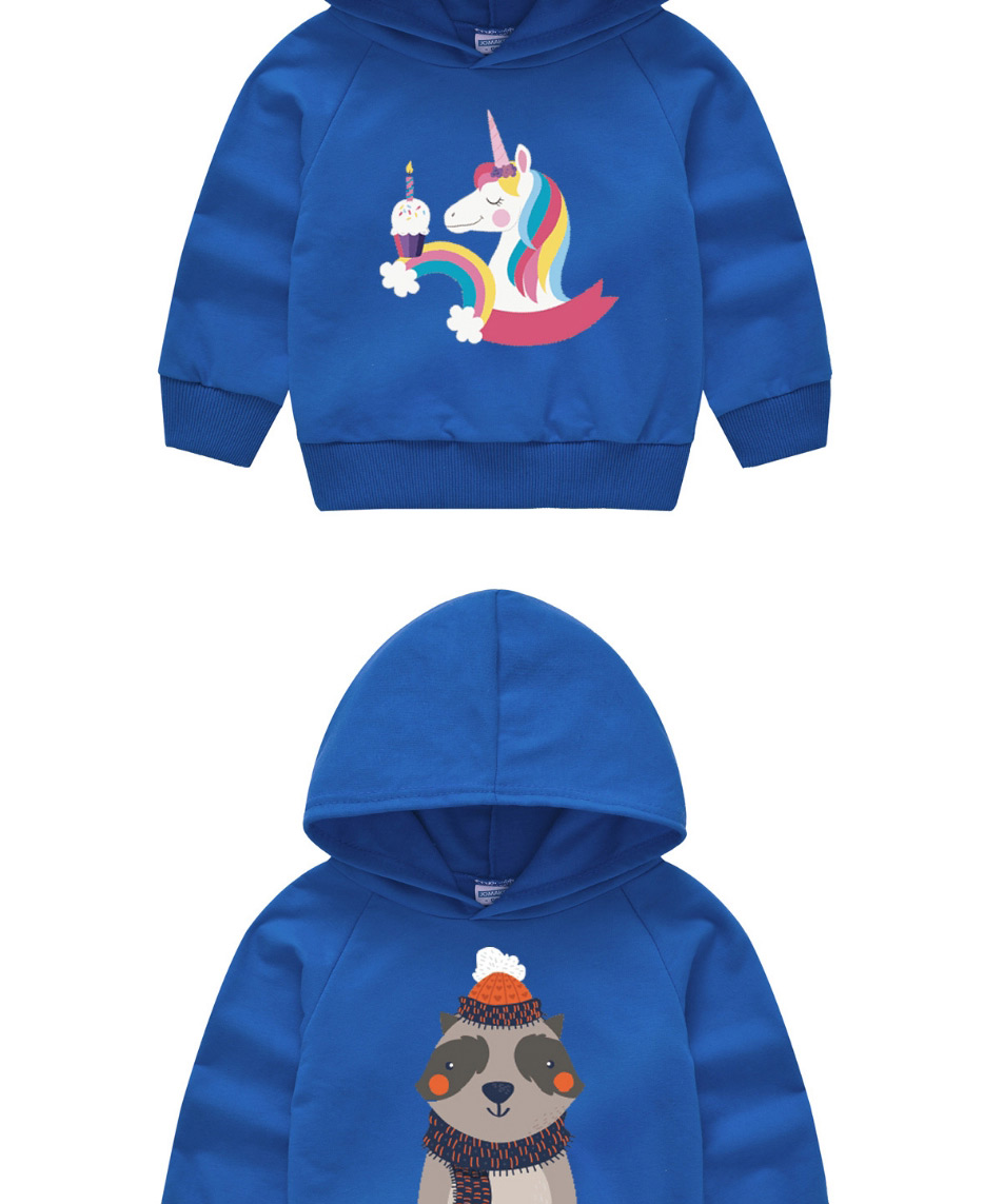 Fashion Royal Blue Hood 10 Round Neck Printed Loose Long-sleeved Childrens Sweater,Kids Clothing