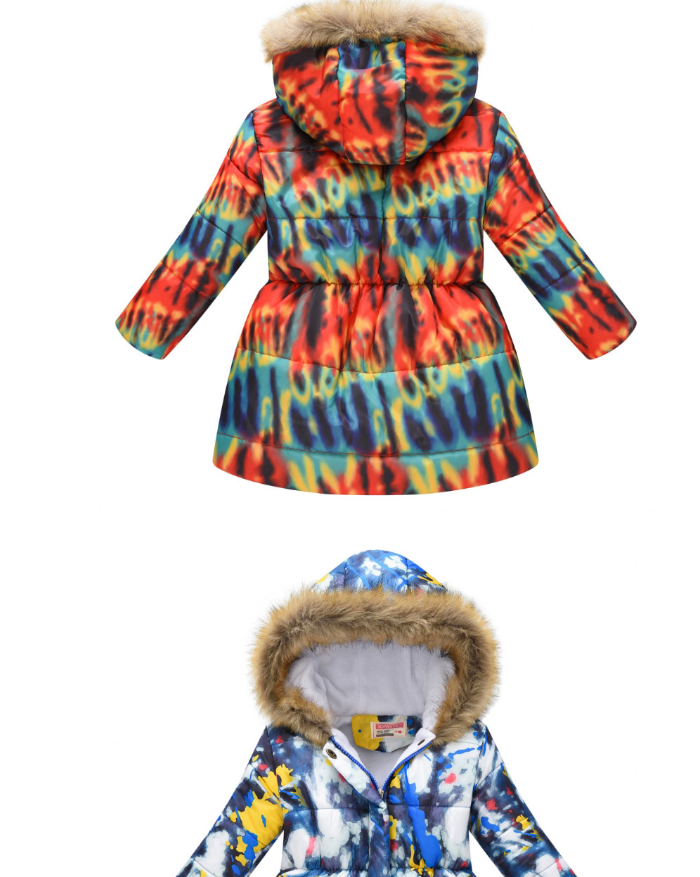 Fashion Navy Blue Large Fur Collar Hooded Printed Mid-length Childrens Jacket,Kids Clothing