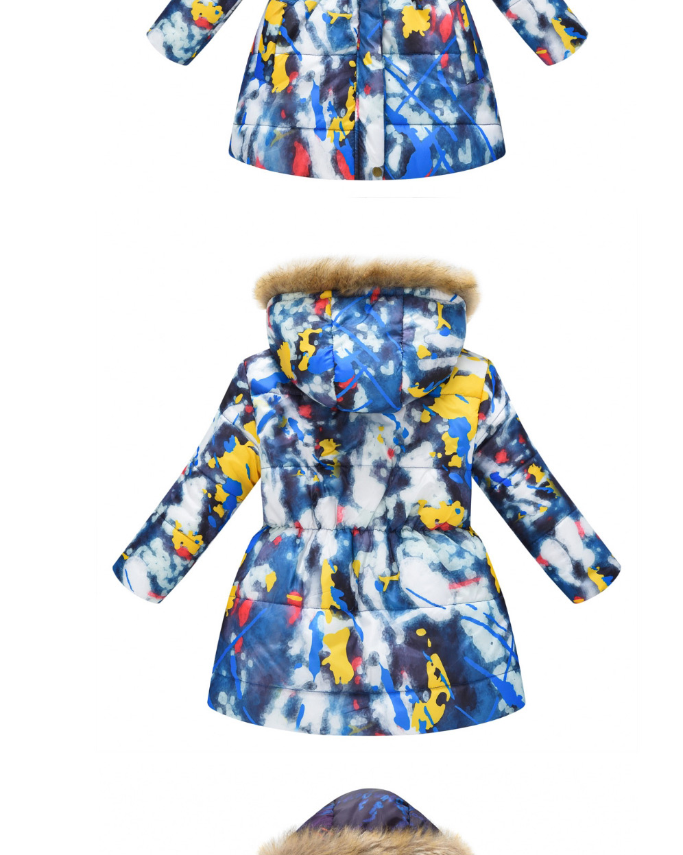 Fashion Navy Blue Large Fur Collar Hooded Printed Mid-length Childrens Jacket,Kids Clothing
