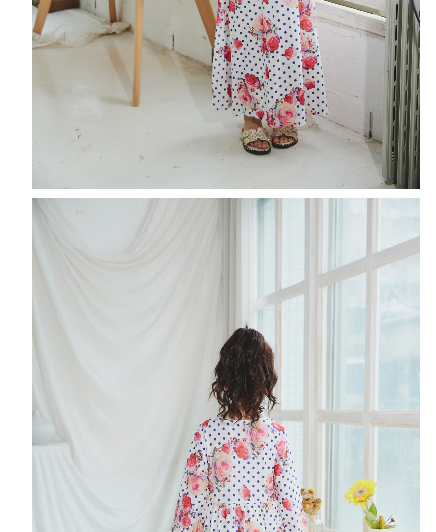 Fashion Pink Polka Dot Flower Print Long Sleeve Dress,Long Dress
