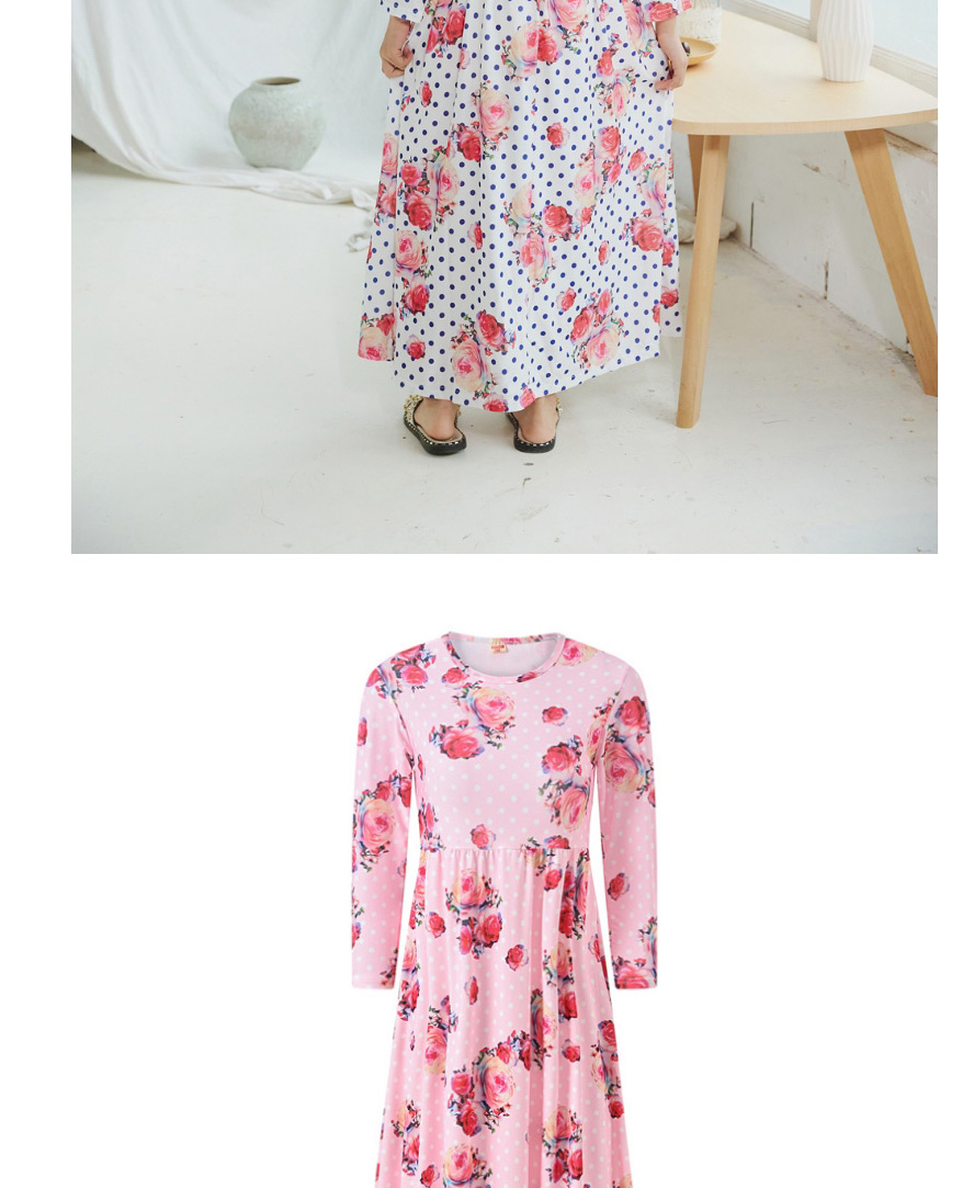 Fashion Pink Polka Dot Flower Print Long Sleeve Dress,Long Dress