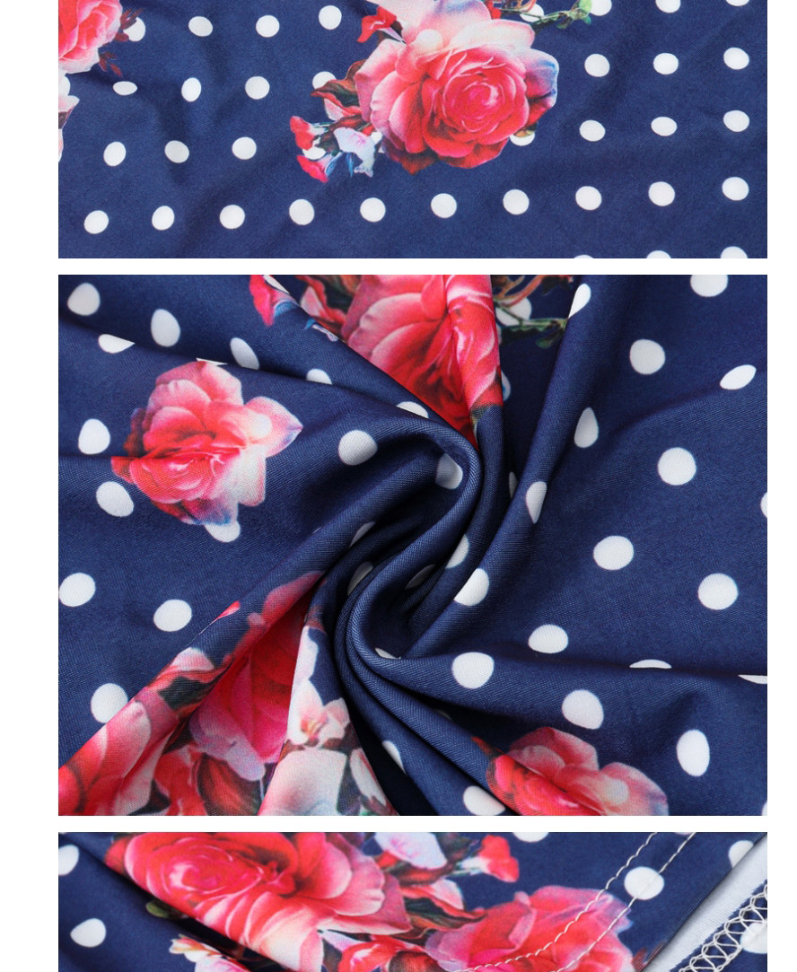 Fashion Dark Blue Polka Dot Flower Print Long Sleeve Dress,Long Dress
