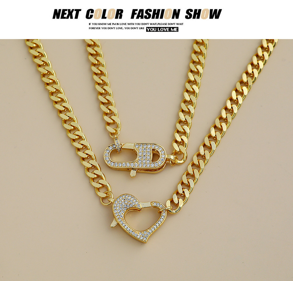 Fashion Golden Copper Inlaid Zircon Heart Thick Chain Necklace,Necklaces