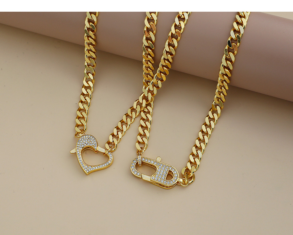 Fashion Golden Copper Inlaid Zircon Heart Thick Chain Necklace,Necklaces
