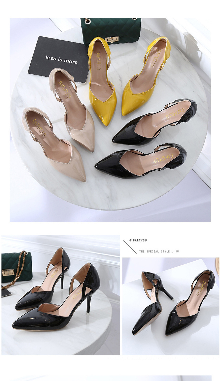 Fashion Black Pointed Stiletto Shallow Patent Leather Bag With Hollow Sandals,Slippers