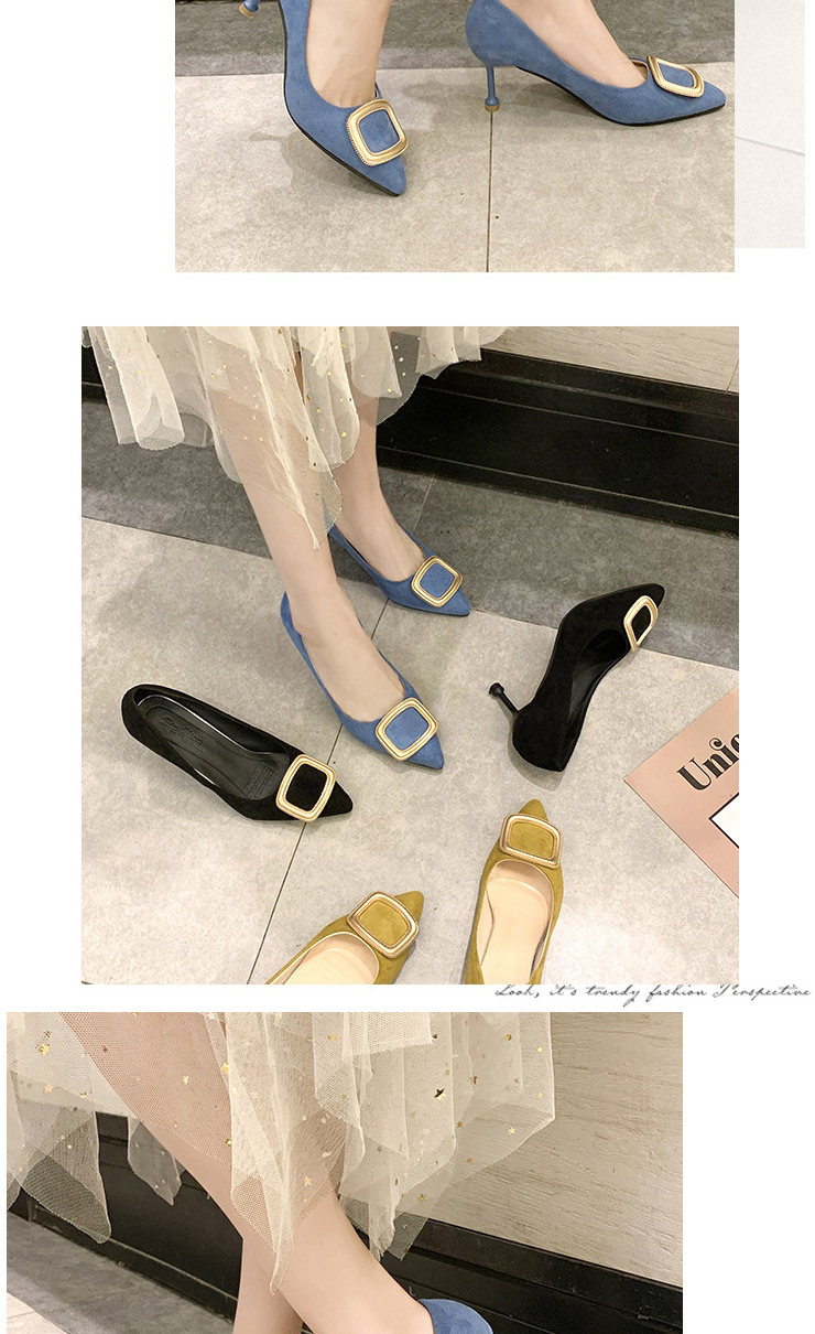 Fashion Black Pointed Velvet Bread Root Hollow Stiletto Square Buckle Sandals,Slippers