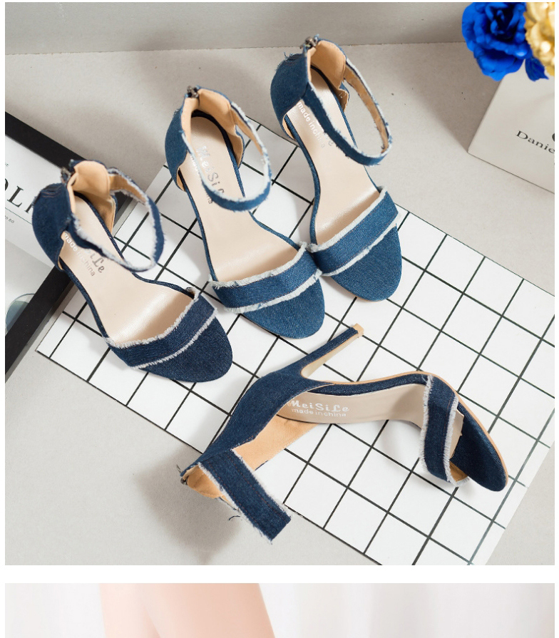 Fashion Navy Blue Stiletto Denim Fish Mouth Back Zipper Sandals,Slippers