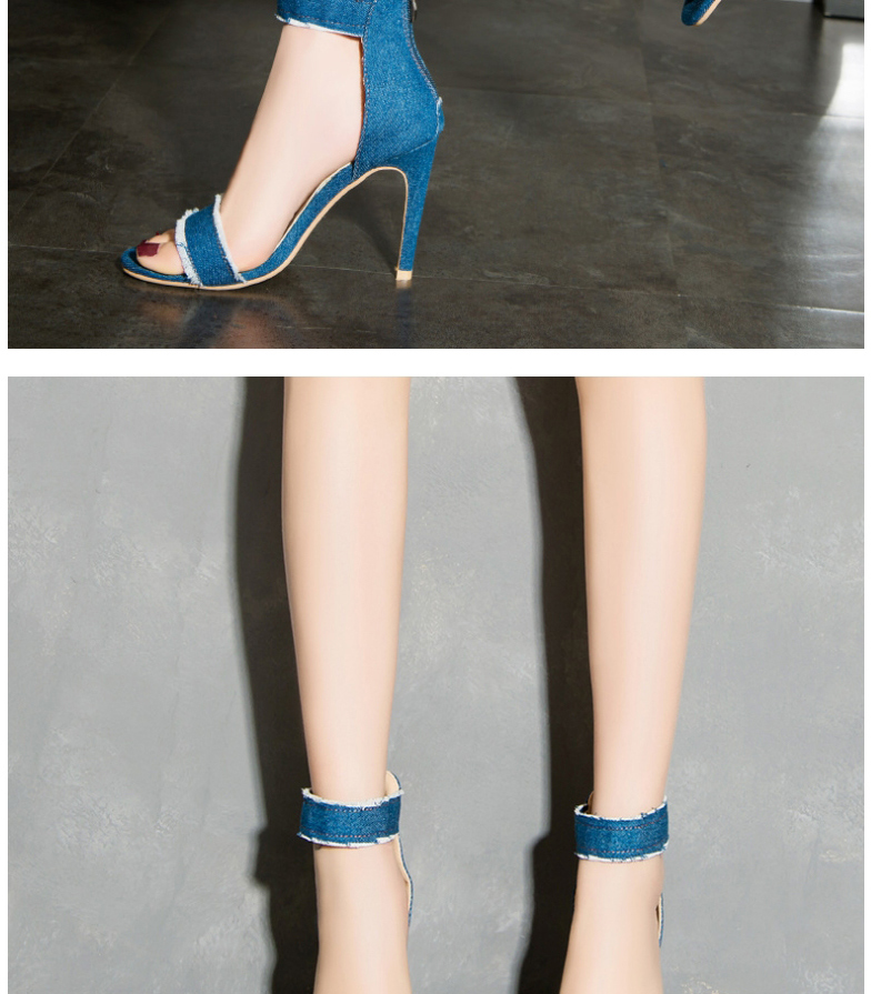 Fashion Navy Blue Stiletto Denim Fish Mouth Back Zipper Sandals,Slippers
