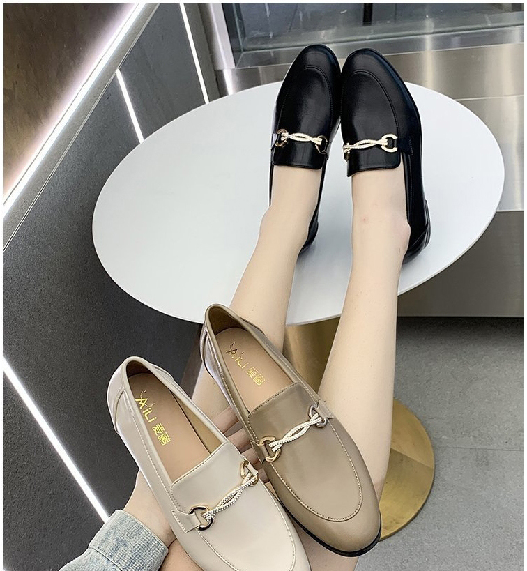 Fashion Khaki Thick Mid-heel Rhinestone Shallow Leather Shoes,Slippers