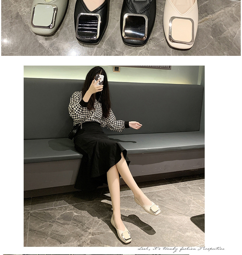 Fashion Beige Round Toe Shallow Mouth Soft Bottom Breathable Square Buckle Shoes,Slippers