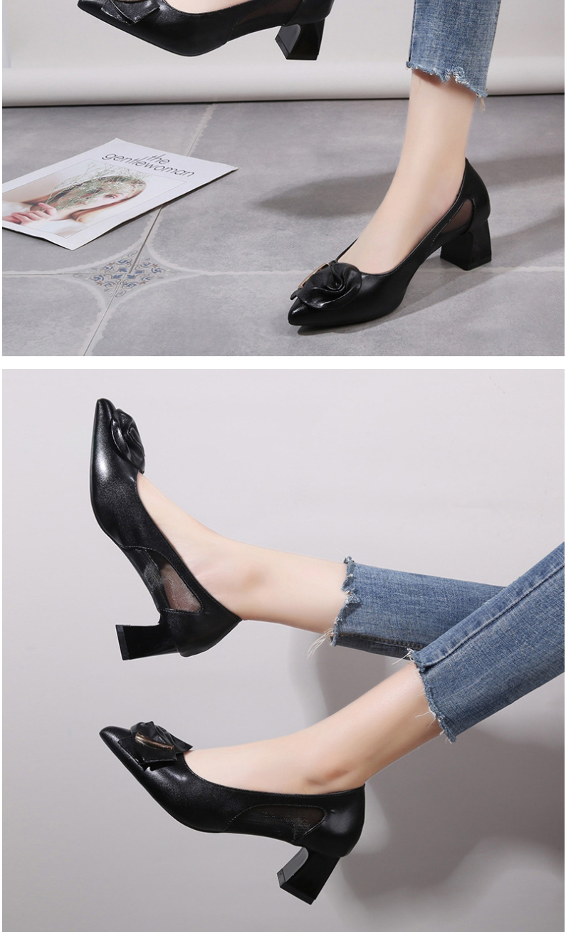 Fashion Black Pointed Net Yarn Breathable Thick Heel Shoes,Slippers