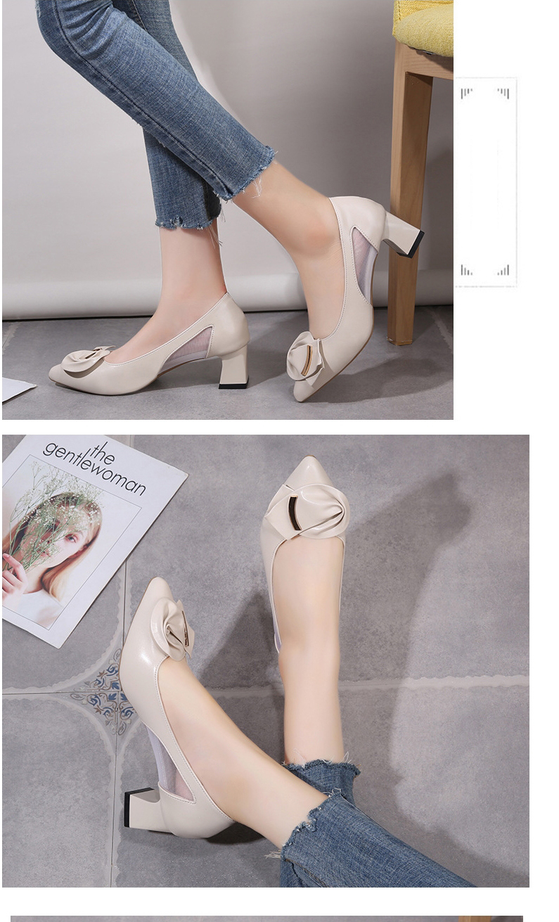 Fashion Beige Pointed Mesh Breathable Thick Heel Shoes,Slippers