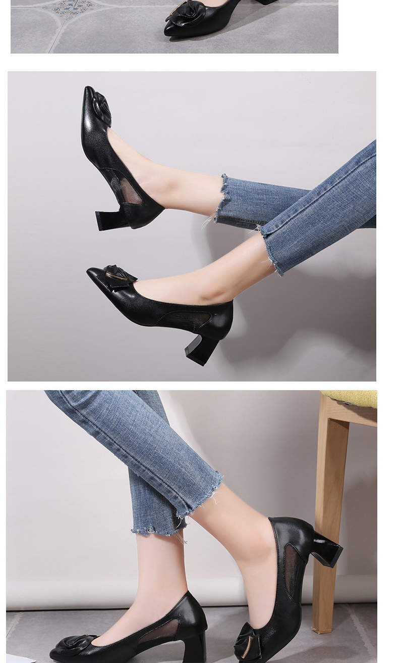 Fashion Black Pointed Net Yarn Breathable Thick Heel Shoes,Slippers