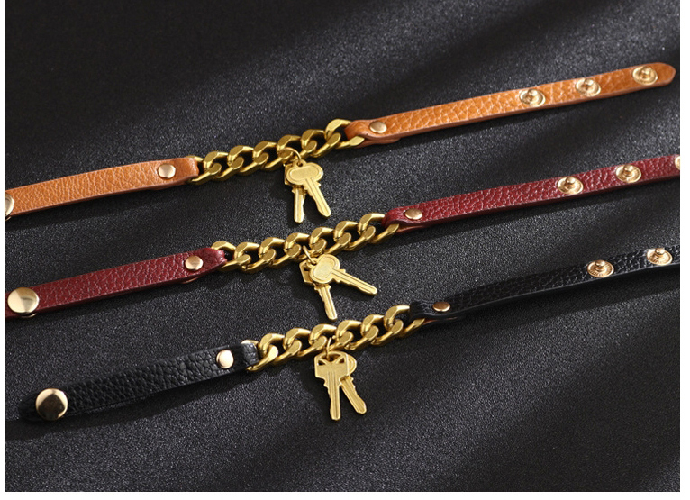 Fashion Brown Chain Key Pu Leather Alloy Stitching Bracelet,Fashion Bracelets