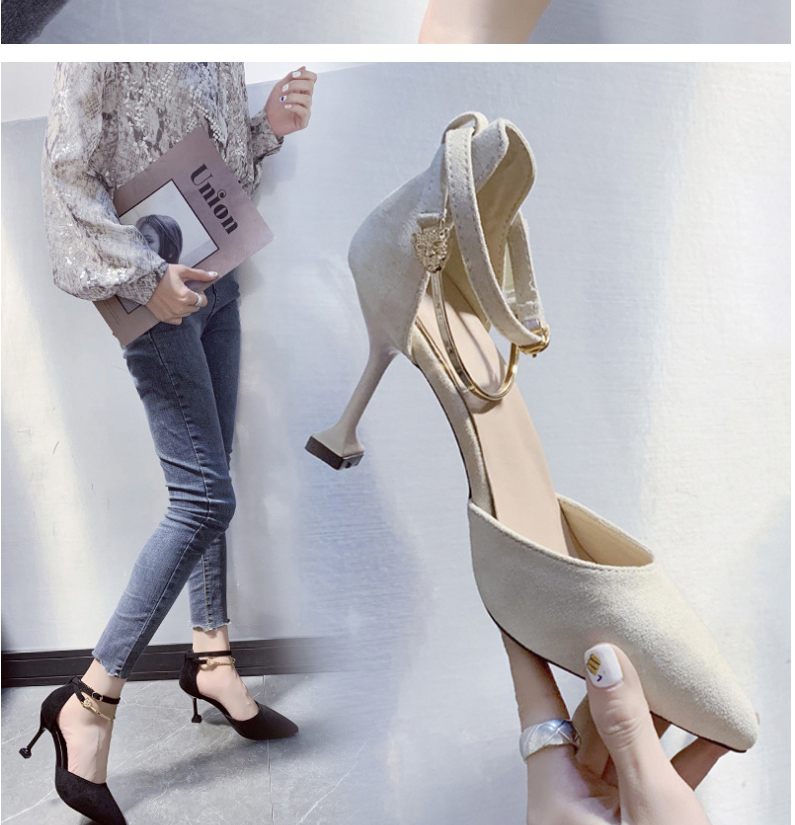Fashion Beige Hollow Buckle Thin Cat Heel Pointed High Heels,Slippers