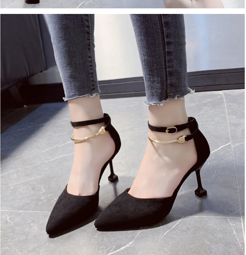 Fashion Beige Hollow Buckle Thin Cat Heel Pointed High Heels,Slippers