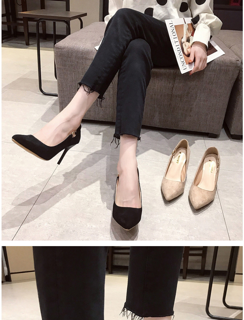 Fashion Khaki Pointed Suede High-heeled Suede Metal Buckle Shoes,Slippers