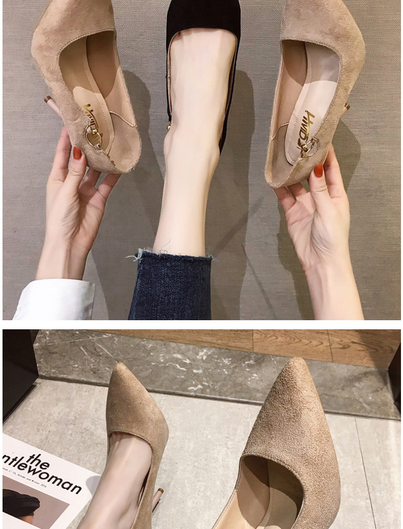 Fashion Khaki Pointed Suede High-heeled Suede Metal Buckle Shoes,Slippers