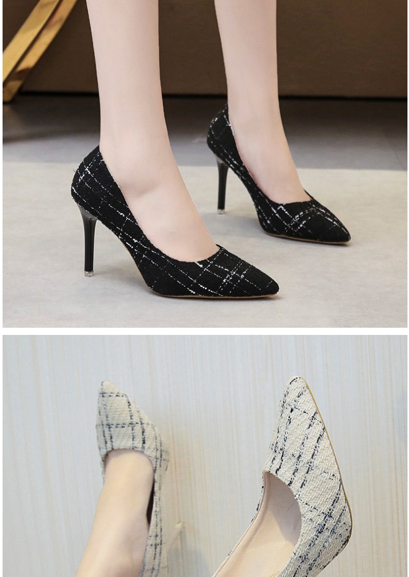Fashion Beige High-heeled Pointed Toe Stiletto Plaid Shoes,Slippers