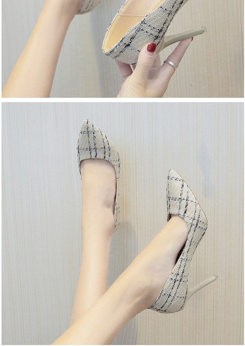 Fashion Beige High-heeled Pointed Toe Stiletto Plaid Shoes,Slippers