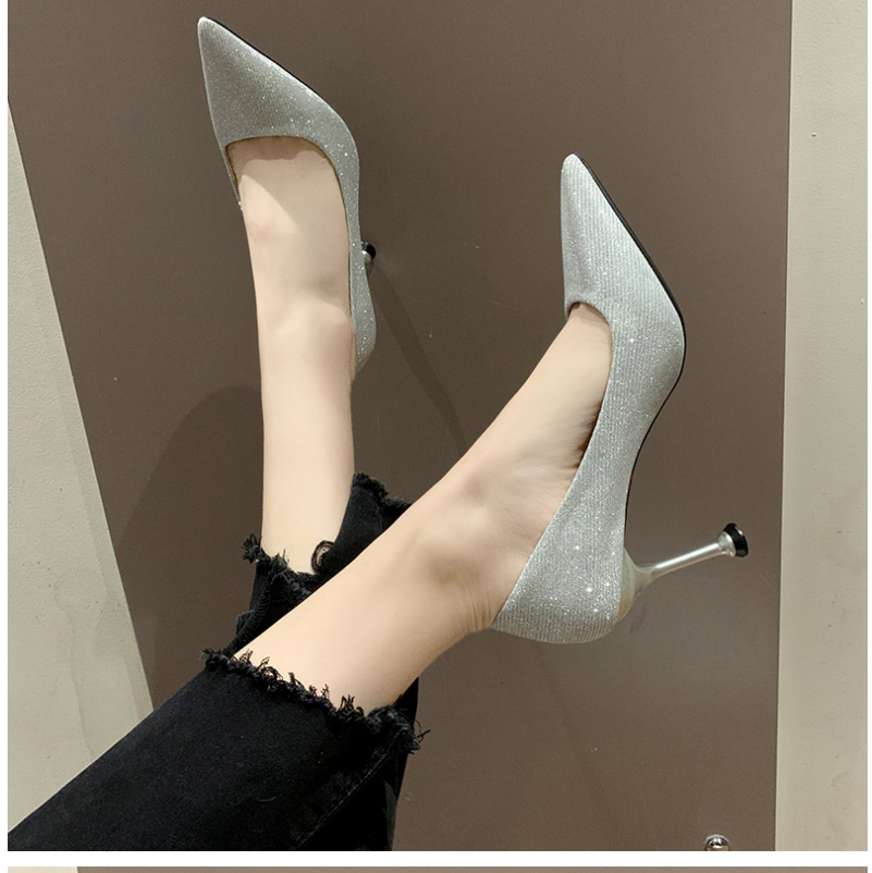 Fashion Silver Sequined Stiletto Pointed Pumps,Slippers