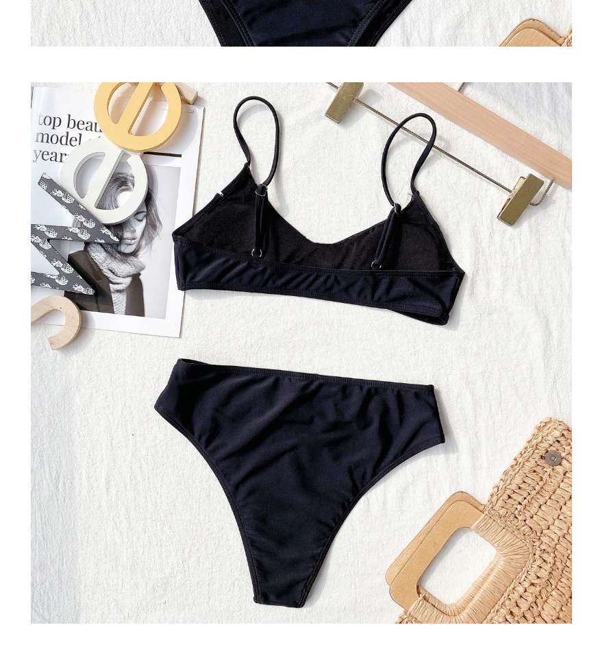Fashion Black Solid Color Triangle Stitching Split Swimsuit,Bikini Sets
