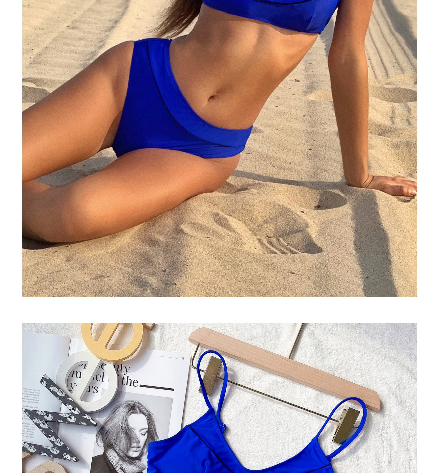 Fashion Royal Blue Solid Color Triangle Stitching Split Swimsuit,Bikini Sets