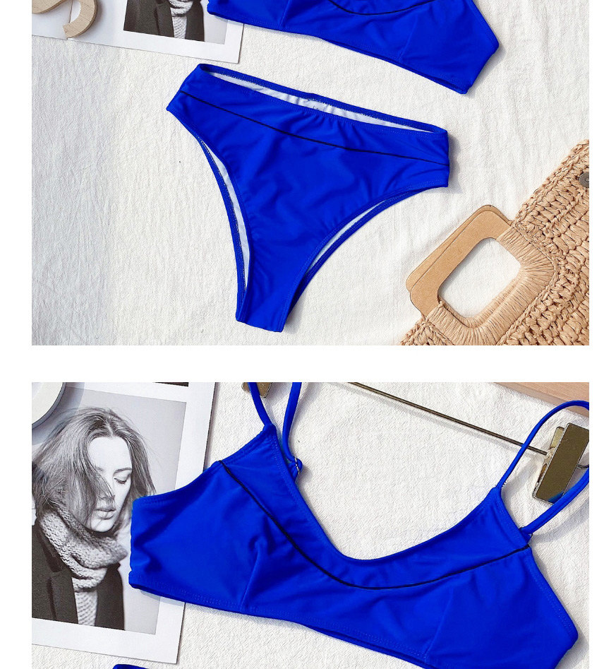 Fashion Royal Blue Solid Color Triangle Stitching Split Swimsuit,Bikini Sets